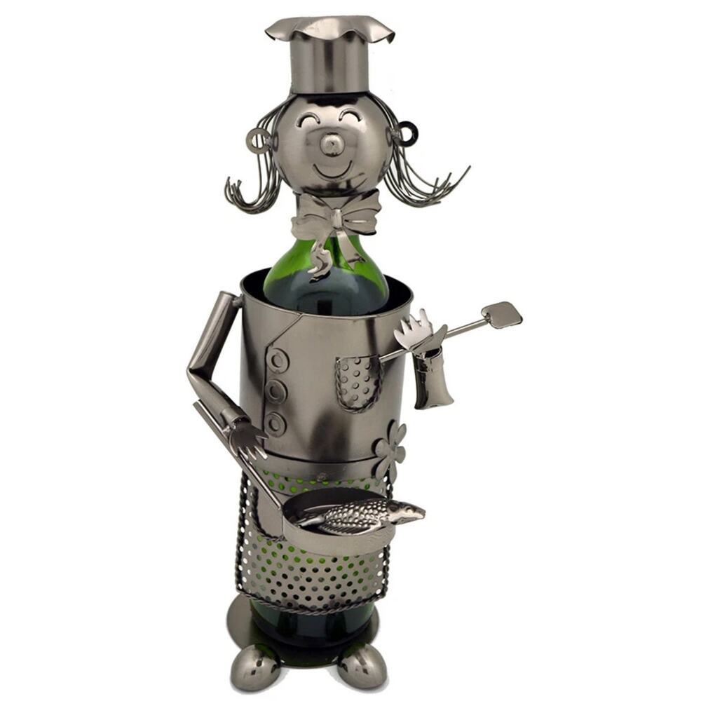 Lady Chef Frying Fish Fisherman Charcoal Metal Wine Bottle Holder NEW
